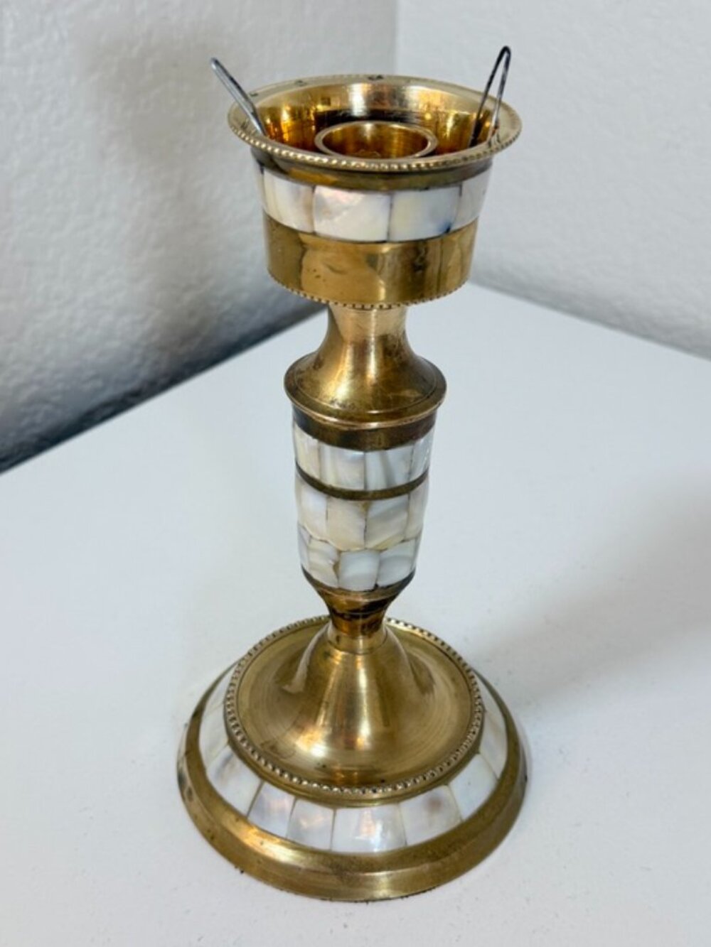 Vintage Brass 8 in Candlestick Holder w/ Mother Of Pearl Inlay Cottagecore